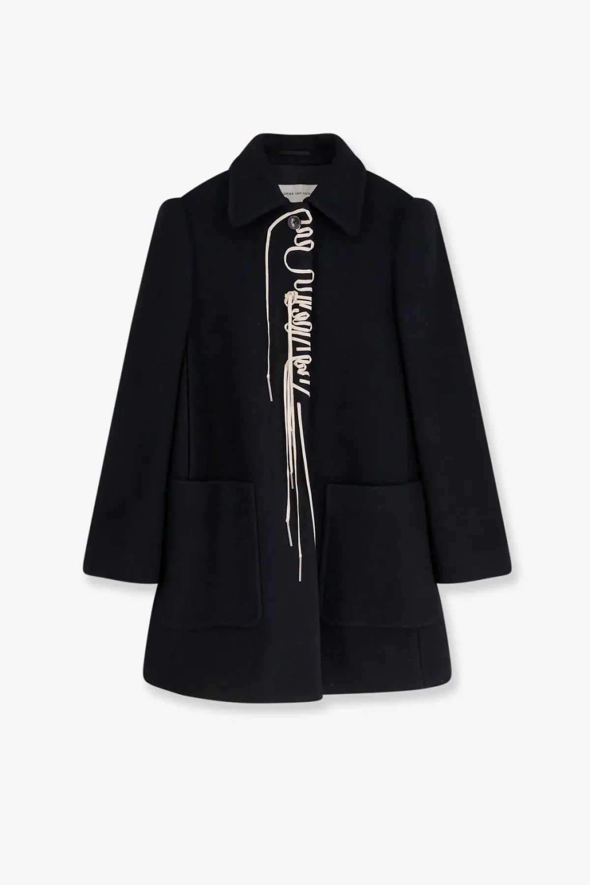 Dries Van Noten women’s rebela black wool blend coat with distinctive white embroidered and fringed front detail