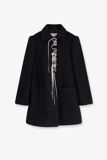 Dries Van Noten women’s rebela black wool blend coat with distinctive white embroidered and fringed front detail