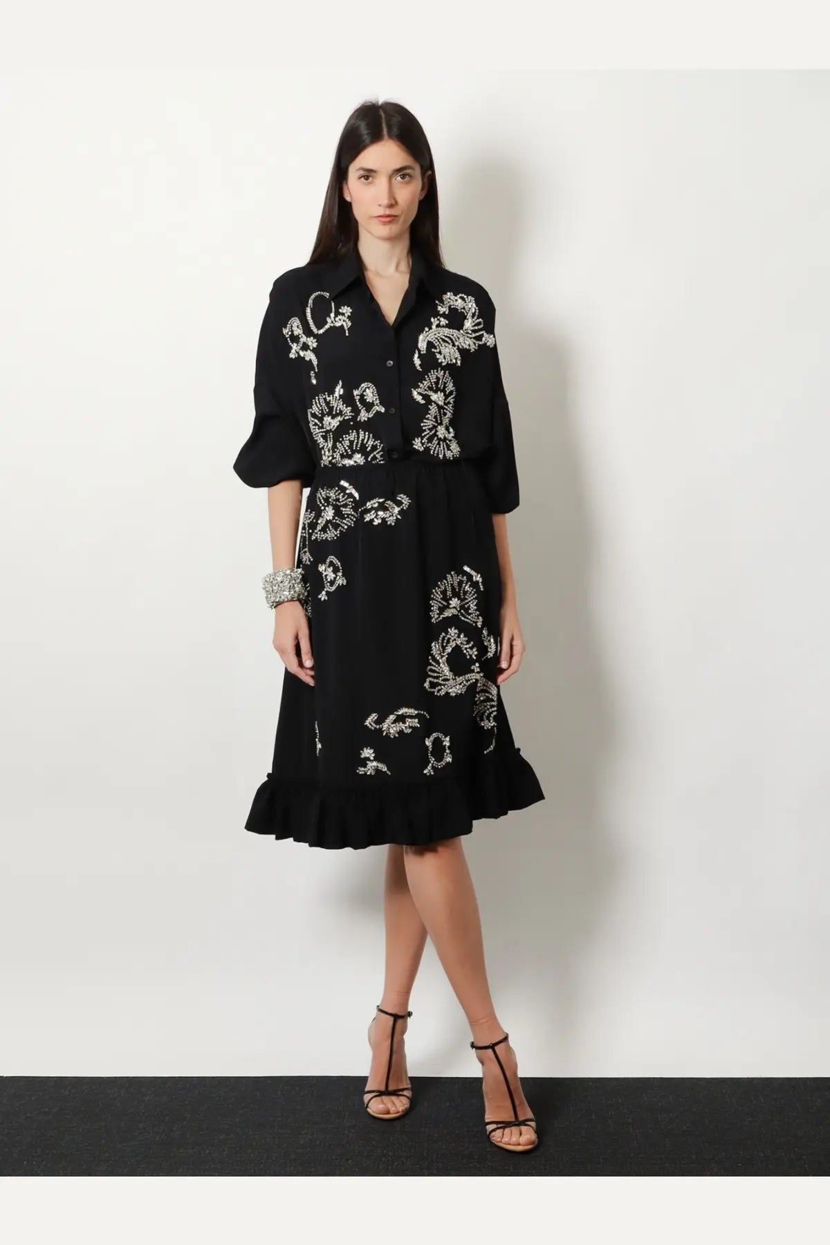 Dries Van Noten womens samila skirt black black embroidered floral shirt dress with white details and ruffled hem