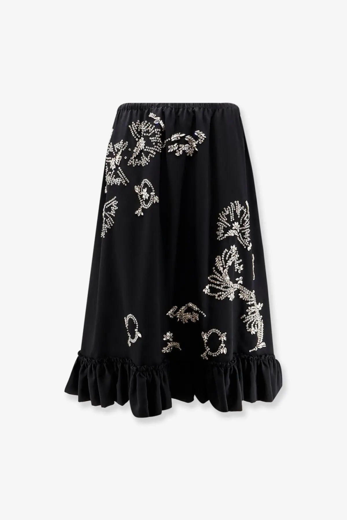 Dries Van Noten women’s Samila black skirt with white embroidered floral and ornamental patterns and ruffled hem