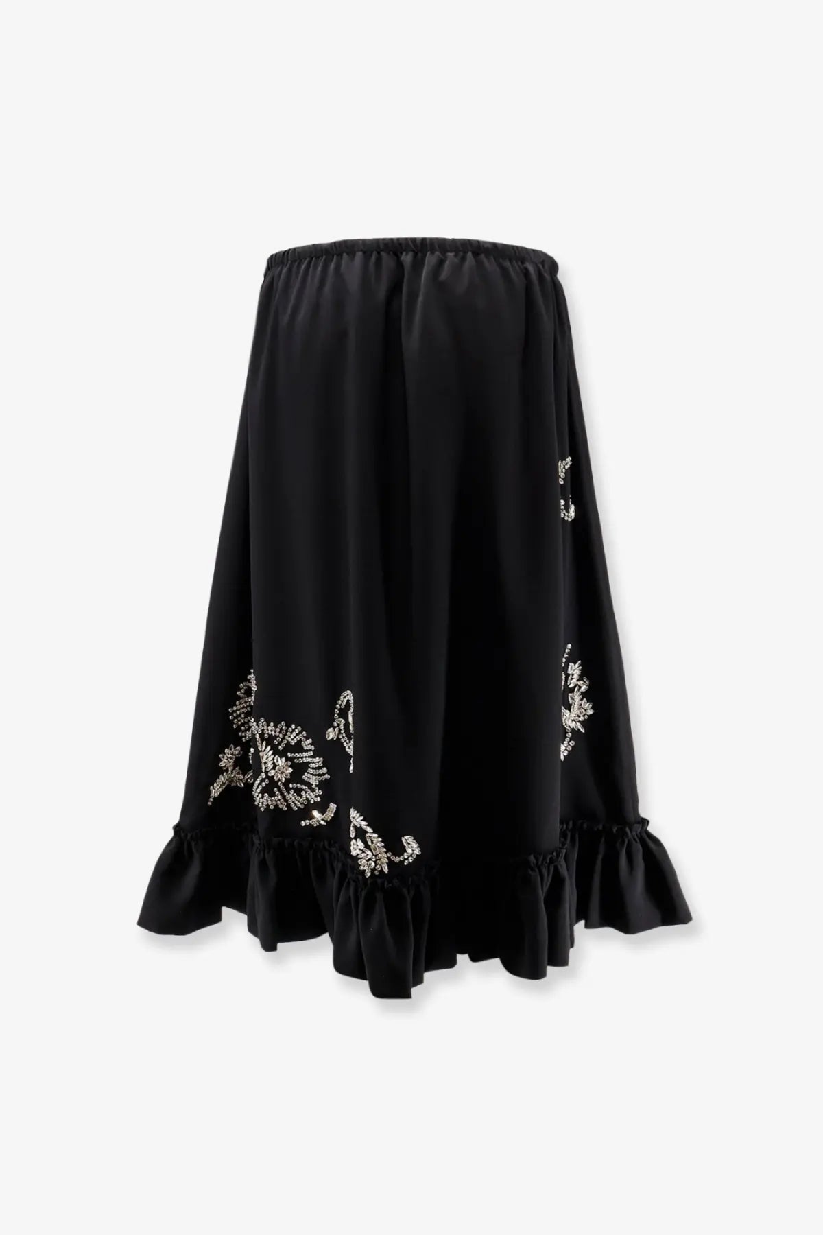 Dries Van Noten women’s black midi skirt with delicate white floral embroidery and ruffled hem detail