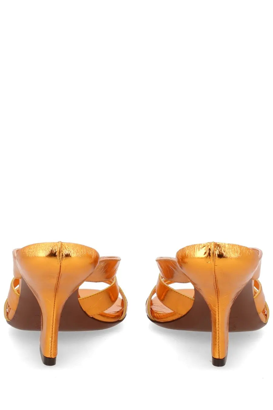 Dries van noten women’s orange metallic heels with sleek crisscross straps and polished finish visible from the back
