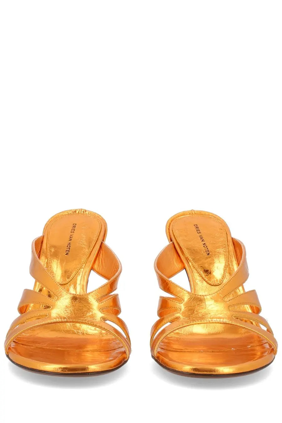 Golden metallic strappy mules by dries van noten in orange leather for women with high heel sandal design