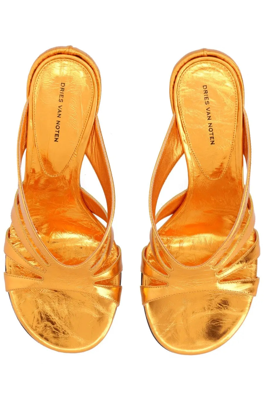 Golden metallic strappy mules by dries van noten featuring a high heel in orange leather details