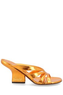 Dries Van Noten womens orange metallic mule sandal with chunky heel and crisscross straps