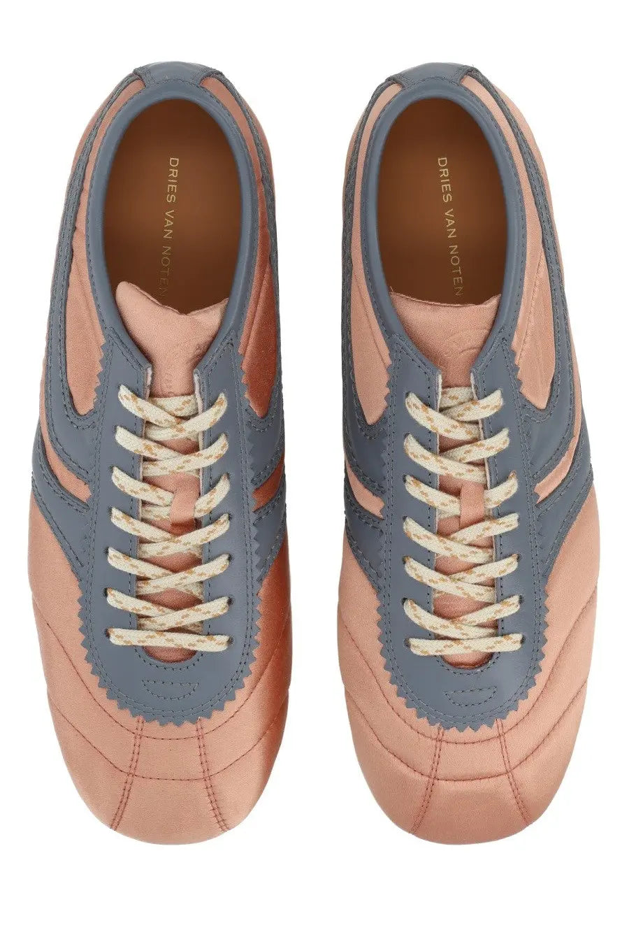 Pair of dries van noten women’s satin sneakers with two-tone dusty rose and muted blue leather and cream laces