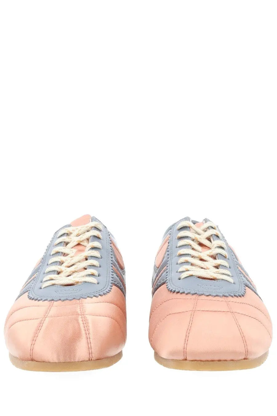 Dries Van Noten women’s satin sneaker in pastel pink and light blue leather with cream laces