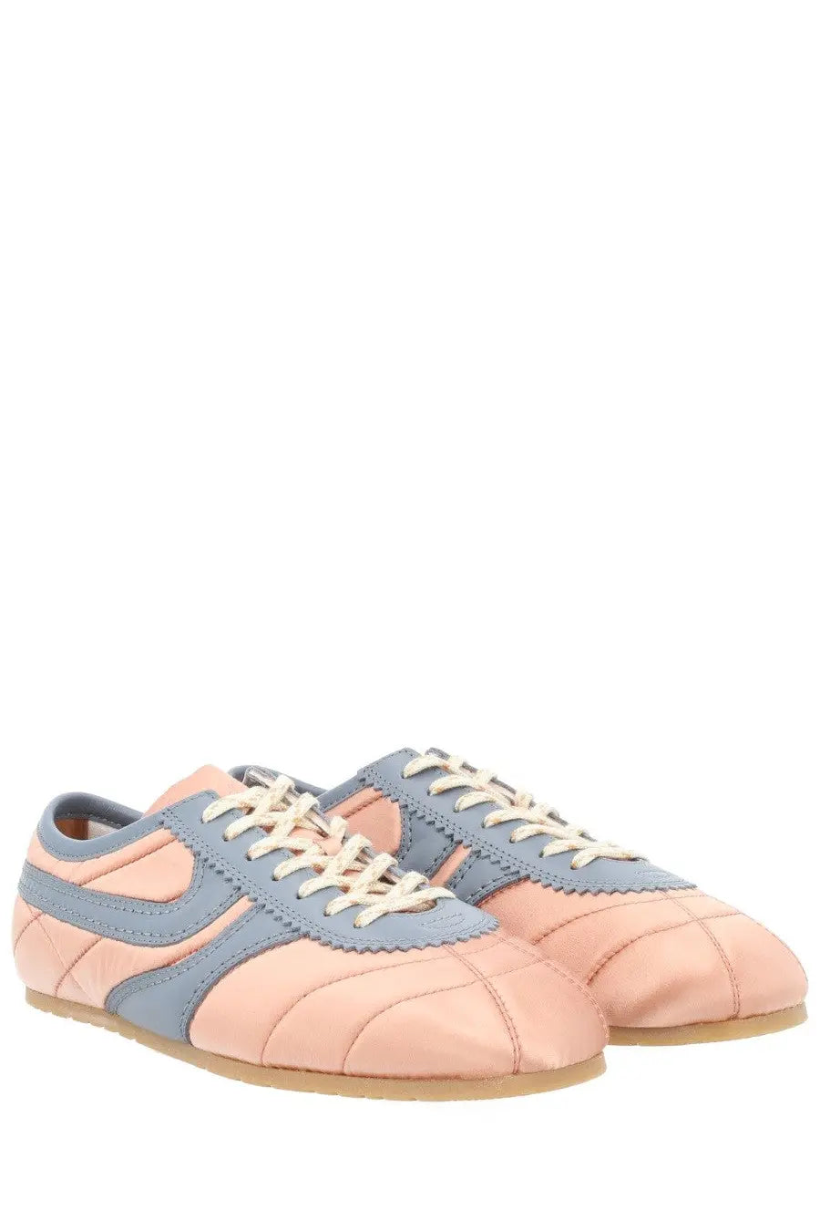 Dries Van Noten women’s satin sneaker in pastel pink and blue quilted leather with cream laces