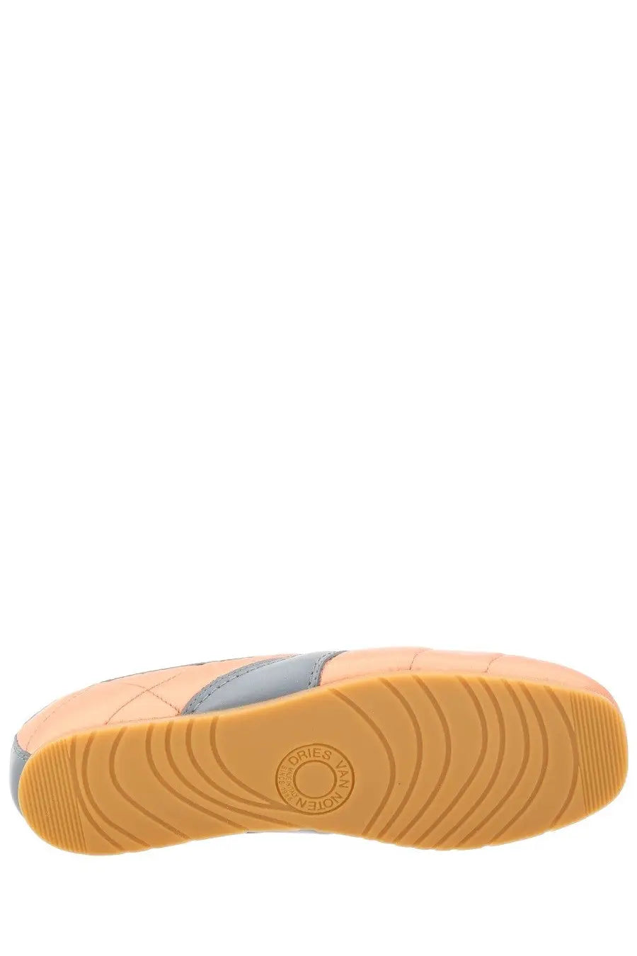 Dries Van Noten women’s satin sneaker in peach and gray with rubber sole featuring concentric circular patterns