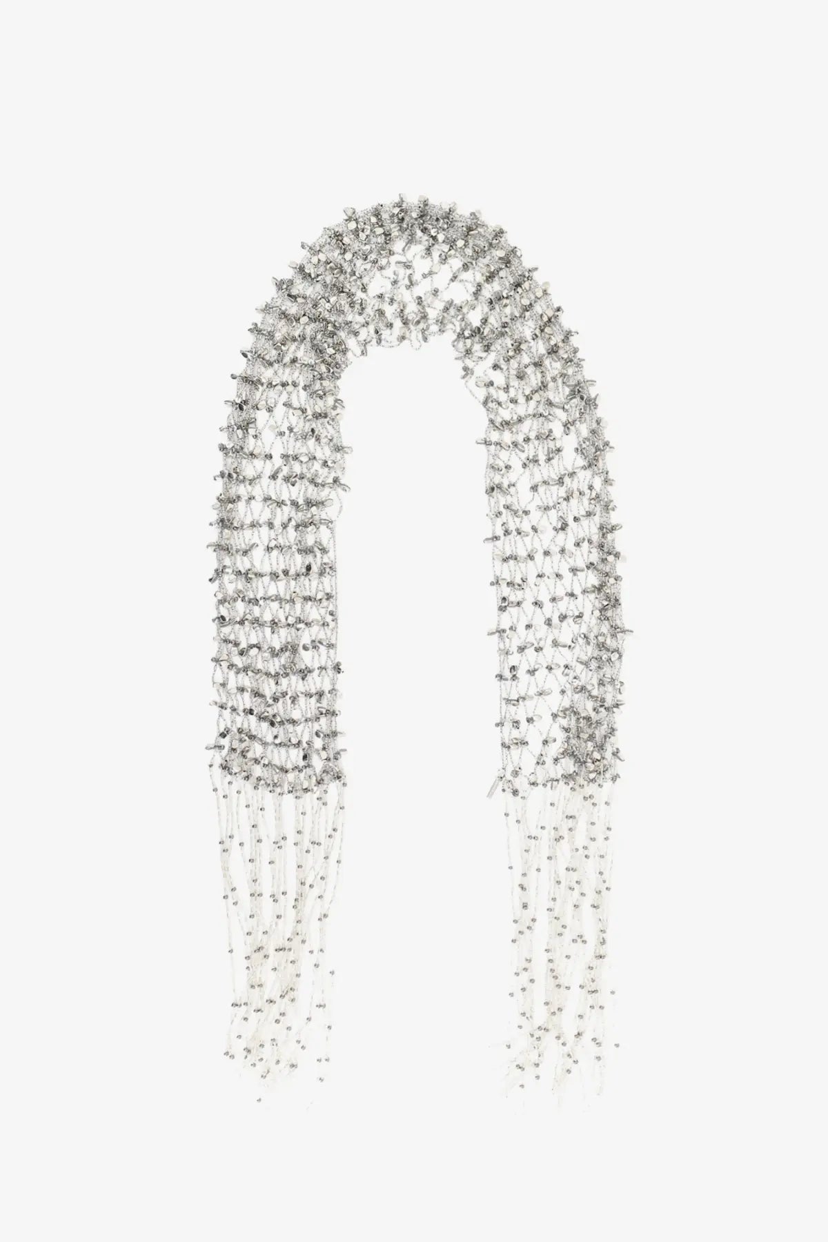 Delicate silver beaded scarf necklace with mesh design and dangling fringe by dries van noten for women