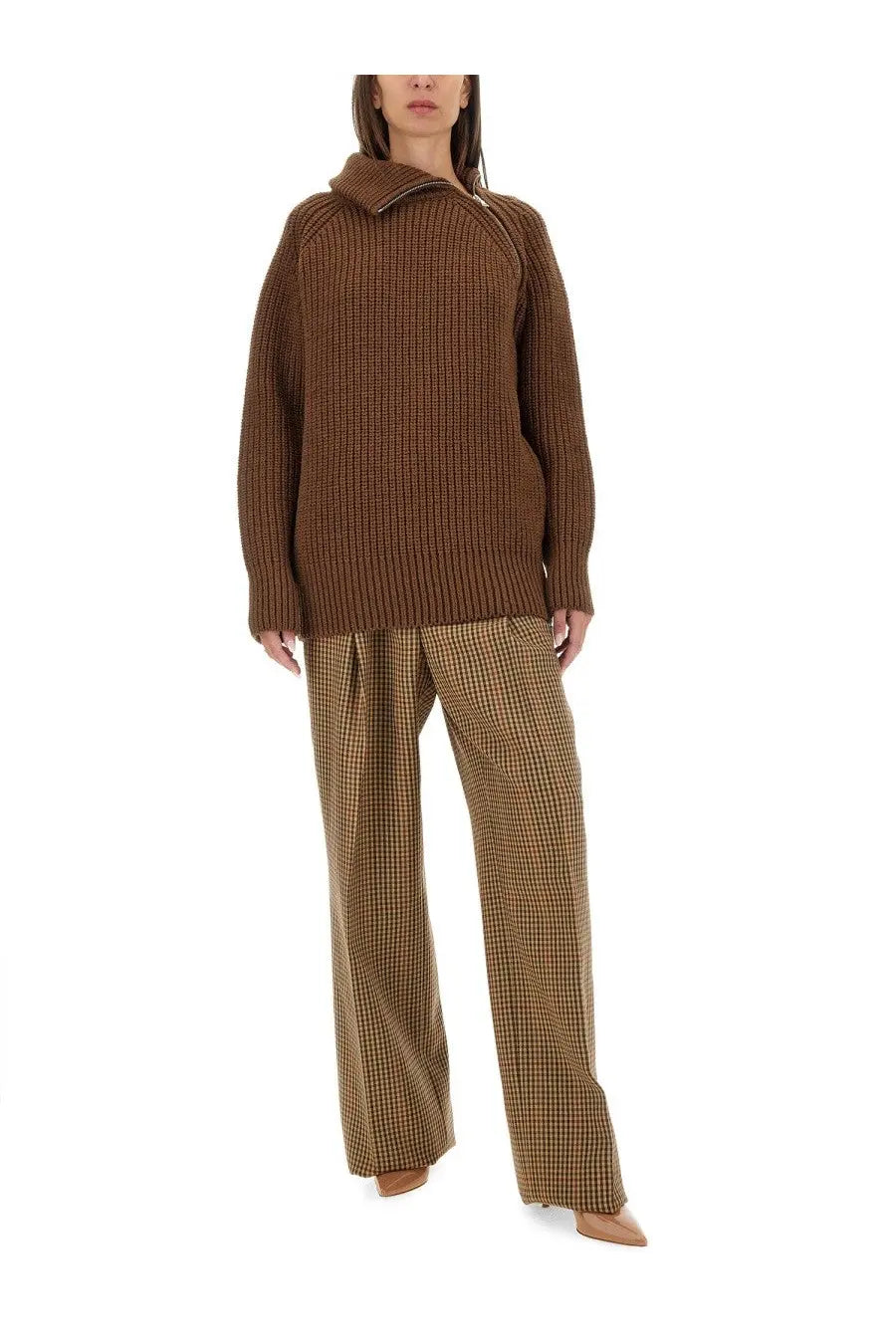 Dries Van Noten women’s brown shirt in ribbed knit with a cozy texture and distinctive asymmetrical collar