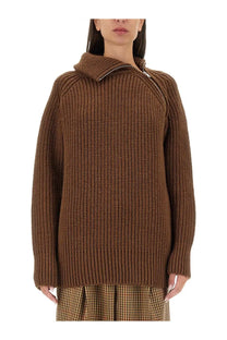 Dries van noten women’s brown ribbed knit sweater with hood and zipper detail