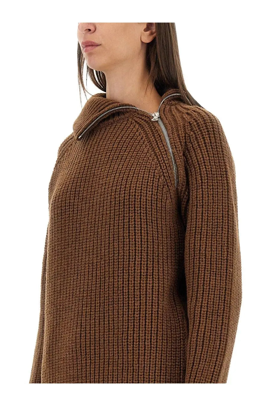 Dries Van Noten women’s brown ribbed knit sweater with zipper detail at the neckline