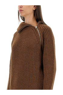 Dries Van Noten women’s brown ribbed knit sweater with zipper detail at the neckline