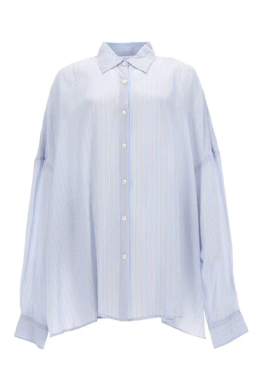 Dries Van Noten women’s shirt casia blue with light blue and white vertical stripes and classic collar long sleeves