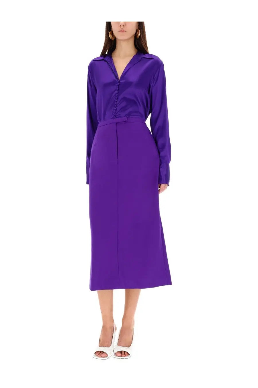 Dries Van Noten women’s silk shirt purple vibrant satin blouse with button-down front and matching high-waisted skirt