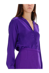 Dries Van Noten women’s silk shirt in vibrant purple satin with button-down front and black embroidery on collar