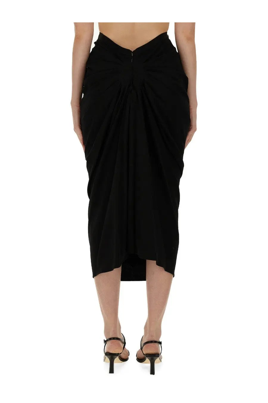 Black high-waisted asymmetrical midi skirt with draped ruched design by Dries Van Noten for women