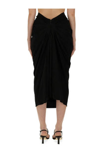 Black high-waisted asymmetrical midi skirt with draped ruched design by Dries Van Noten for women