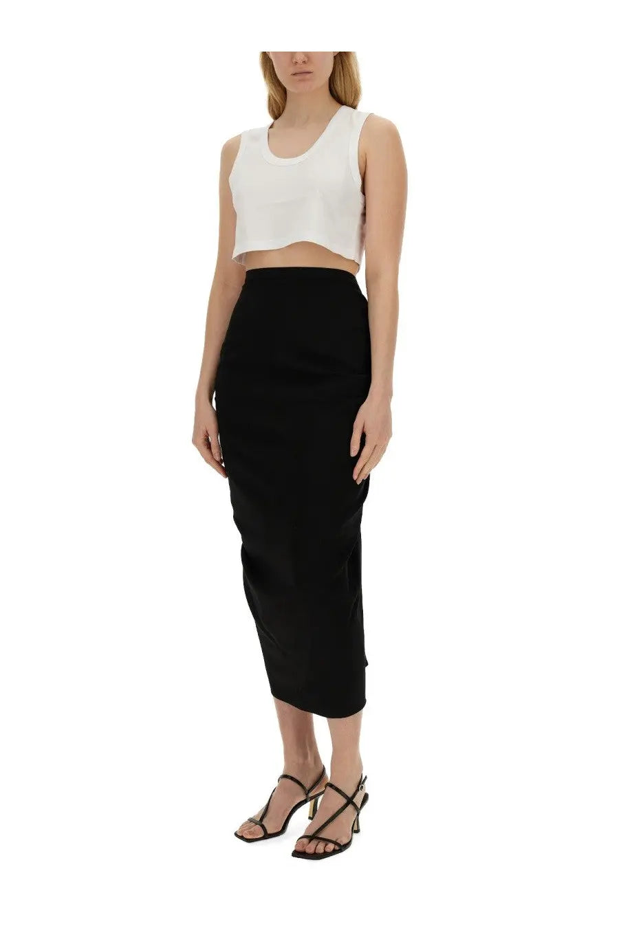Dries Van Noten women’s black high-waisted midi skirt with sleek form-fitting silhouette and subtle side seam detailing
