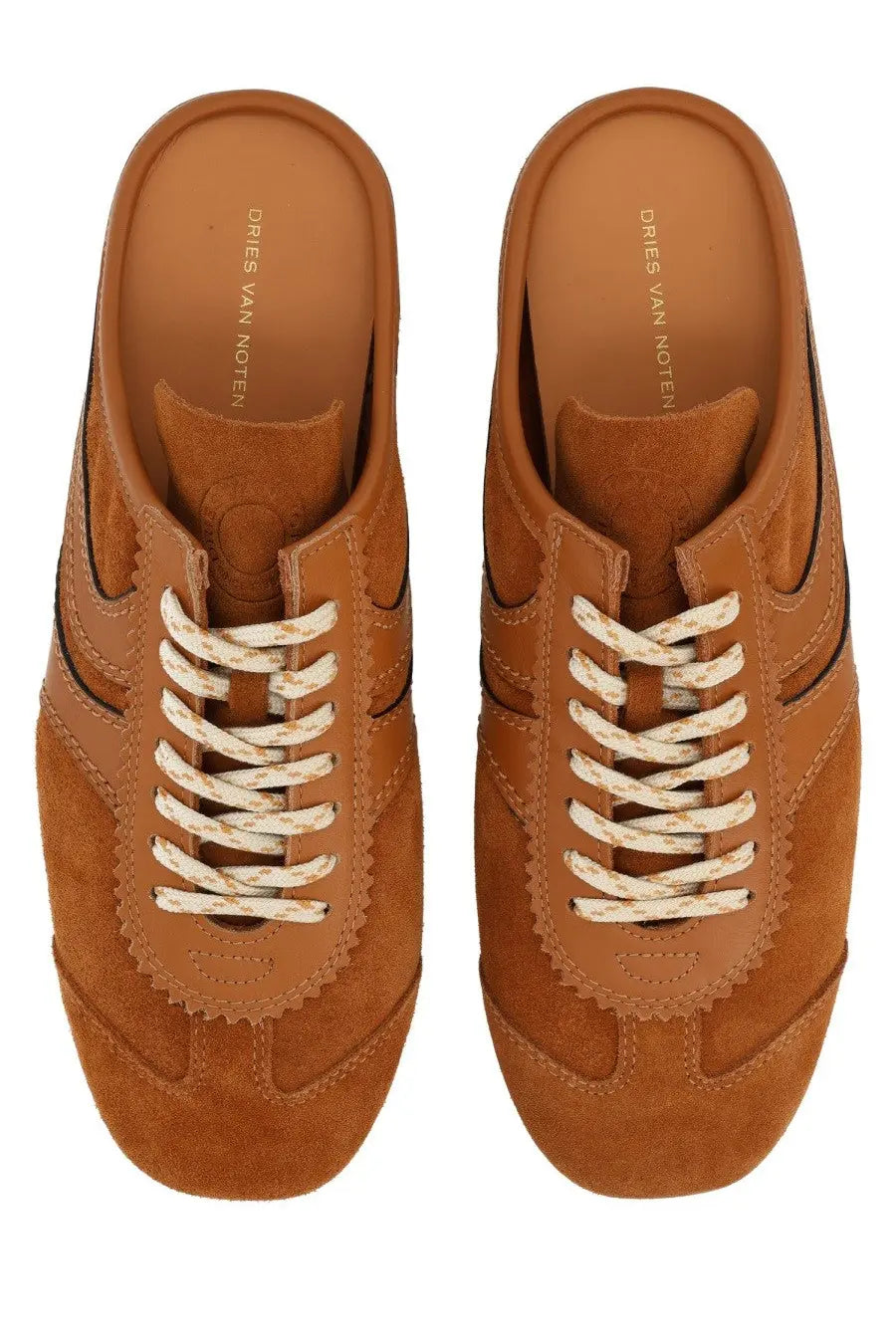 Dries Van Noten women’s slip on sneaker in brown tan suede with cream patterned laces