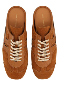Dries Van Noten women’s slip on sneaker in brown tan suede with cream patterned laces