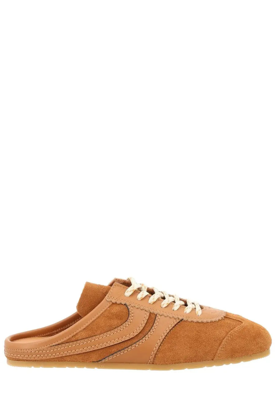 Dries Van Noten women’s slip on sneaker in tan suede with cream laces and minimalist design