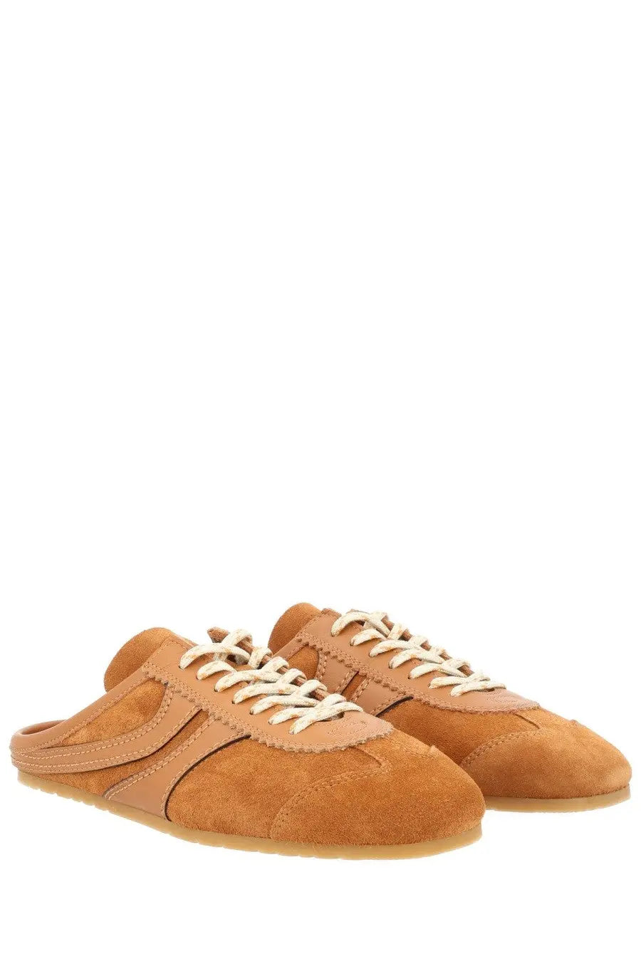 Dries Van Noten women’s slip on sneaker brown tan suede mules with cream laces and minimalist design
