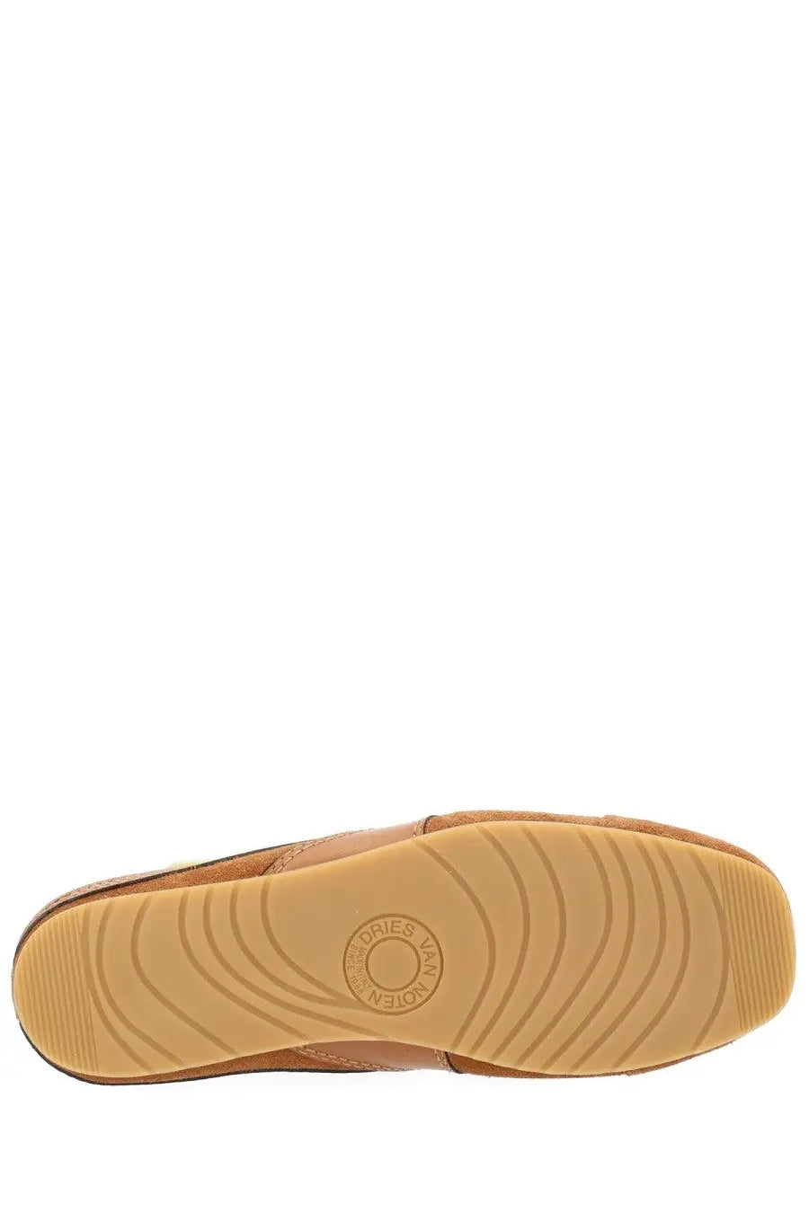 Dries Van Noten women’s slip on sneaker in brown tan suede with rubber sole and concentric circular tread patterns