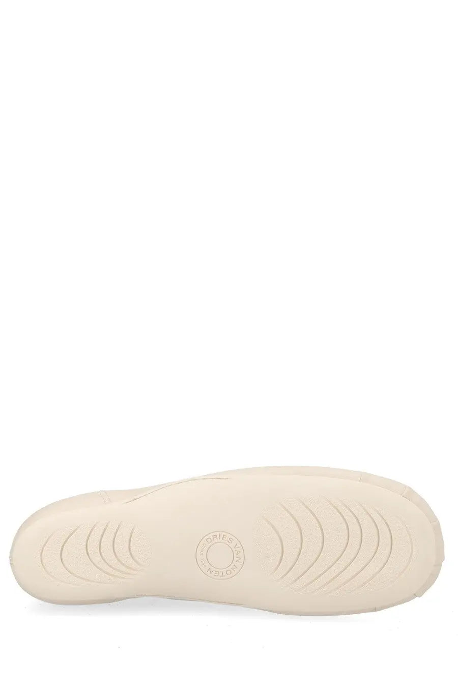 Cream-colored rubber sole with concentric circular tread and embossed brand logo on dries van noten white pelle sneaker