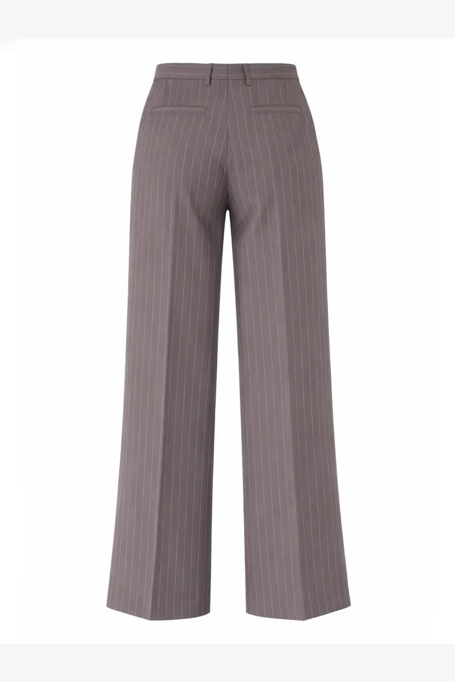 Back view of dries van noten women’s gray pinstripe tailored wide-leg trousers with two back pockets