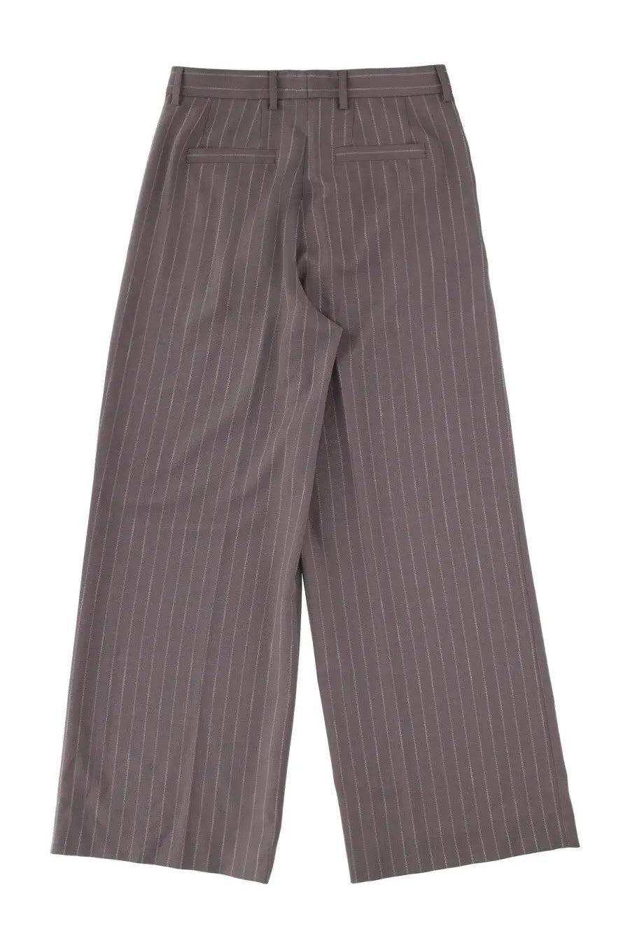 Gray pinstripe wide-leg trousers with tailored waistband and back pockets shown from the back by dries van noten