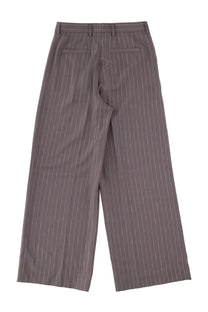 Gray pinstripe wide-leg trousers with tailored waistband and back pockets shown from the back by dries van noten
