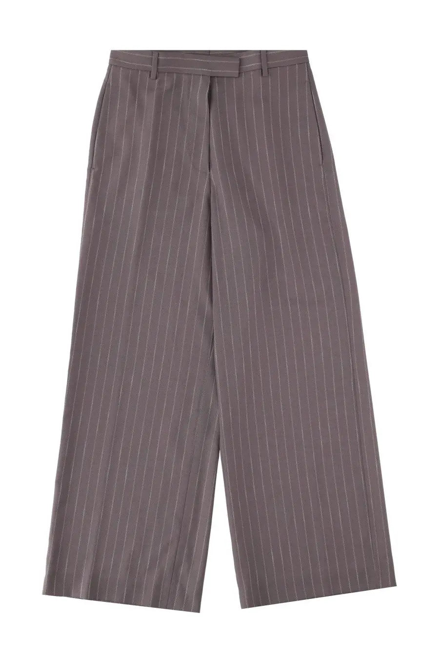 Dries Van Noten women’s gray pinstripe wide-leg trousers with tailored waistband and subtle vertical stripes