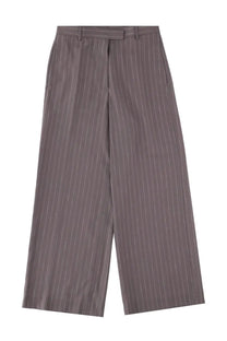 Dries Van Noten women’s gray pinstripe wide-leg trousers with tailored waistband and subtle vertical stripes