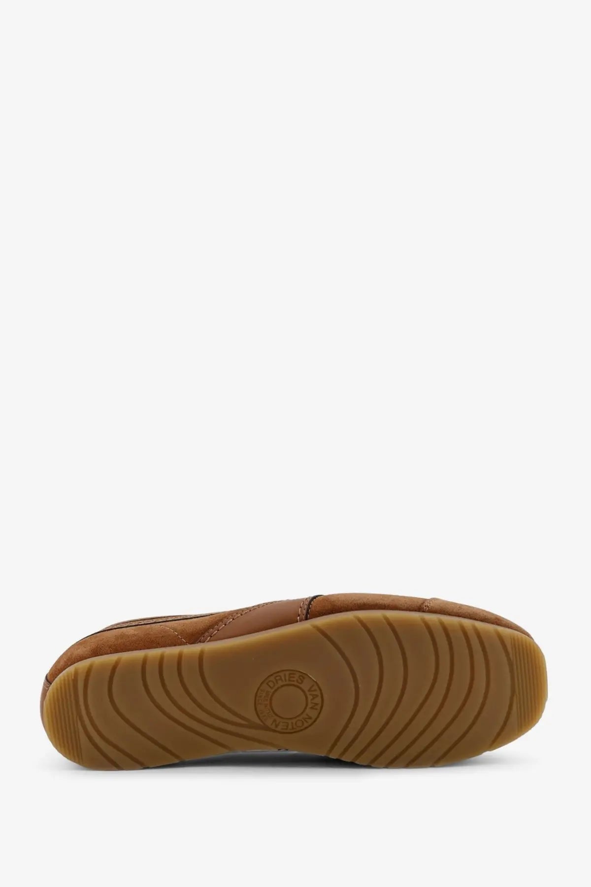 Brown suede slip-on sneakers for women by dries van noten with beige rubber sole featuring circular grooves and embossed logo
