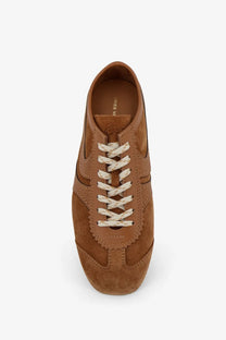 Dries Van Noten women’s beige suede sneakers with cream-colored laces and a classic retro-inspired design