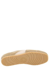 Dries Van Noten women’s beige suede and canvas slip-on sneaker with tan rubber sole and circular tread patterns