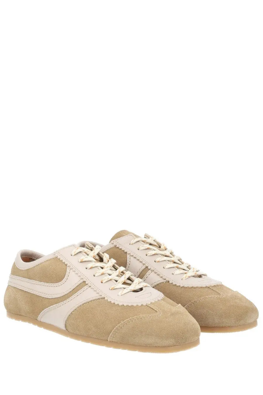Beige suede and cream leather low-top sneakers by dries van noten with a classic retro design for women