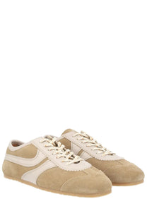 Beige suede and cream leather low-top sneakers by dries van noten with a classic retro design for women