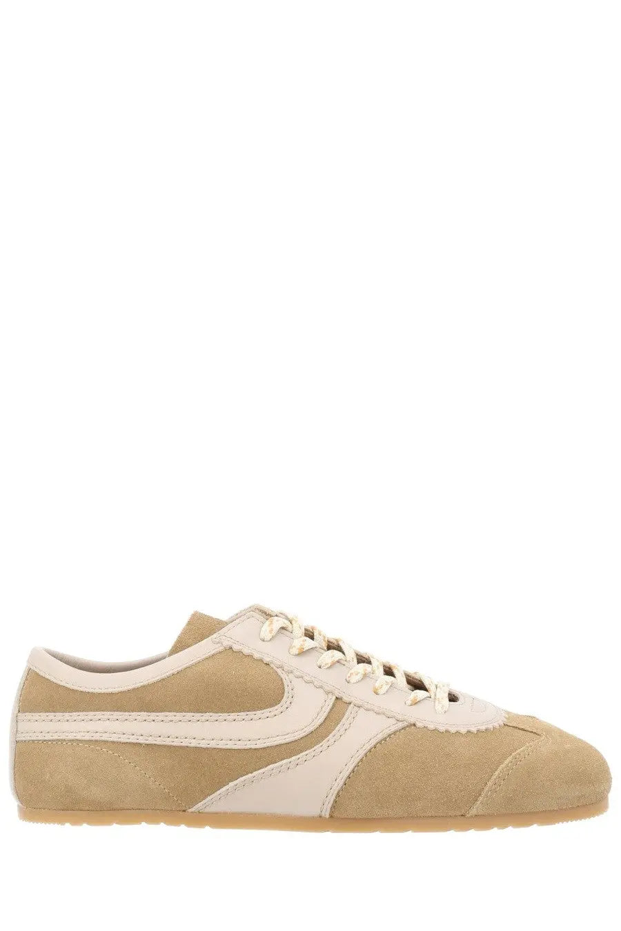 Dries Van Noten women’s low-top sneaker in tan suede and cream leather with a classic retro design