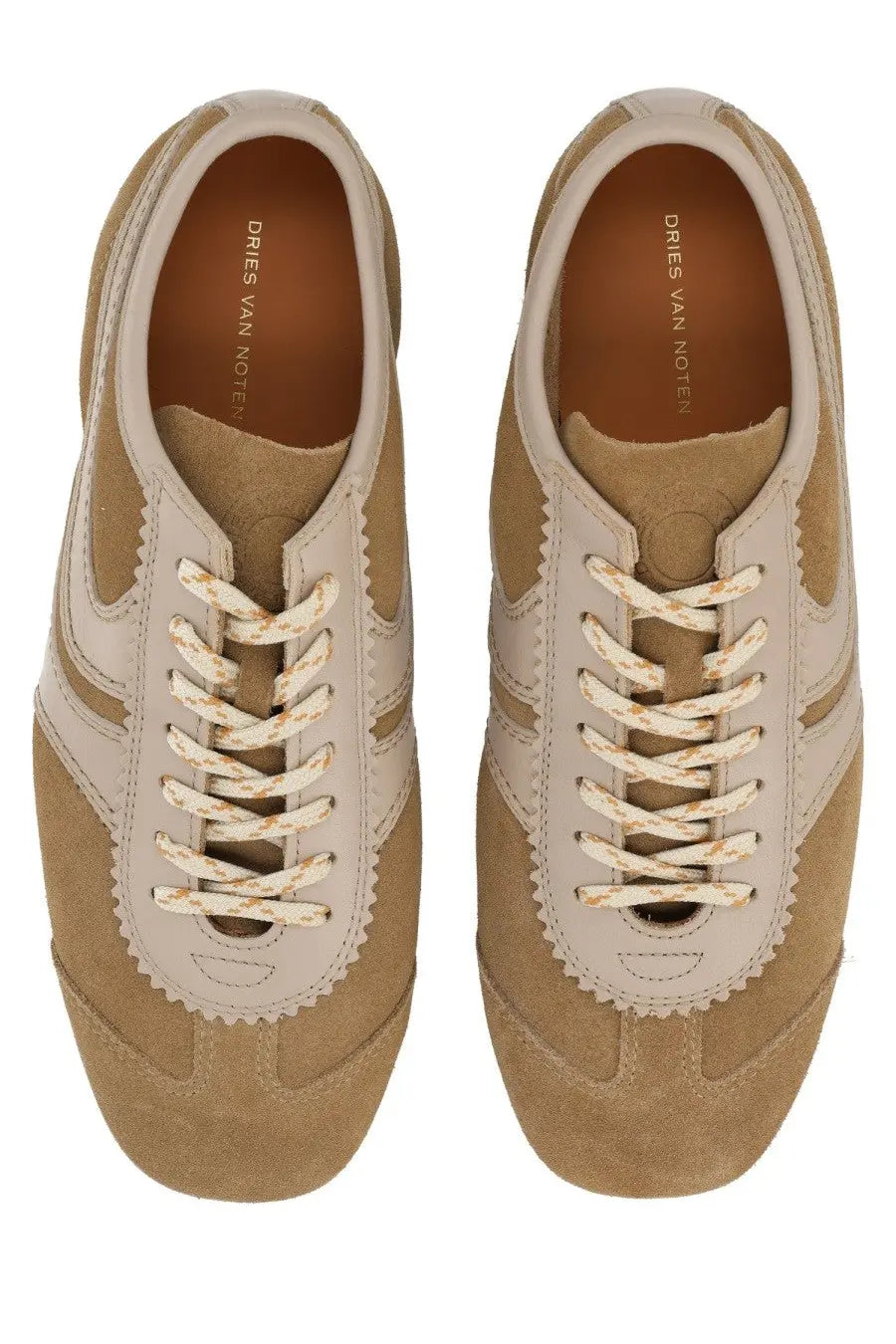 Dries Van Noten women’s suede sneakers in beige with tan suede, beige leather, and textured laces