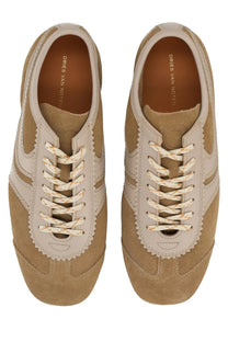 Dries Van Noten women’s suede sneakers in beige with tan suede, beige leather, and textured laces