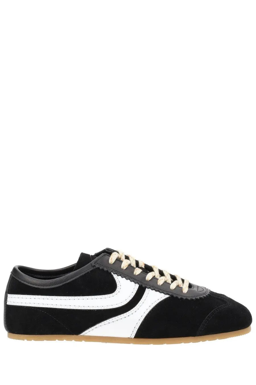 Dries Van Noten women’s black suede sneaker with bold white swoosh and cream-colored laces