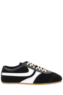 Dries Van Noten women’s black suede sneaker with bold white swoosh and cream-colored laces