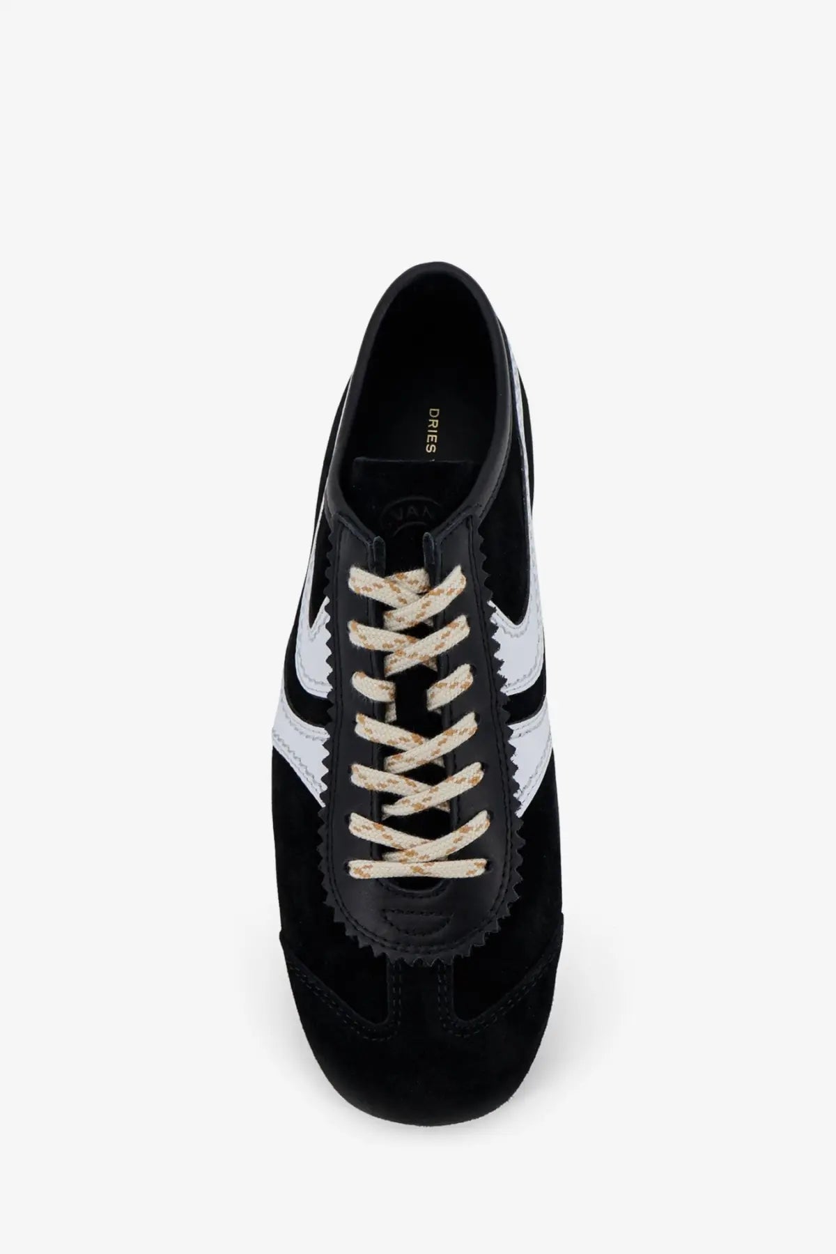 Dries Van Noten women’s black suede sneakers with white side stripes and cream patterned laces