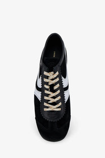 Dries Van Noten women’s black suede sneakers with white side stripes and cream patterned laces