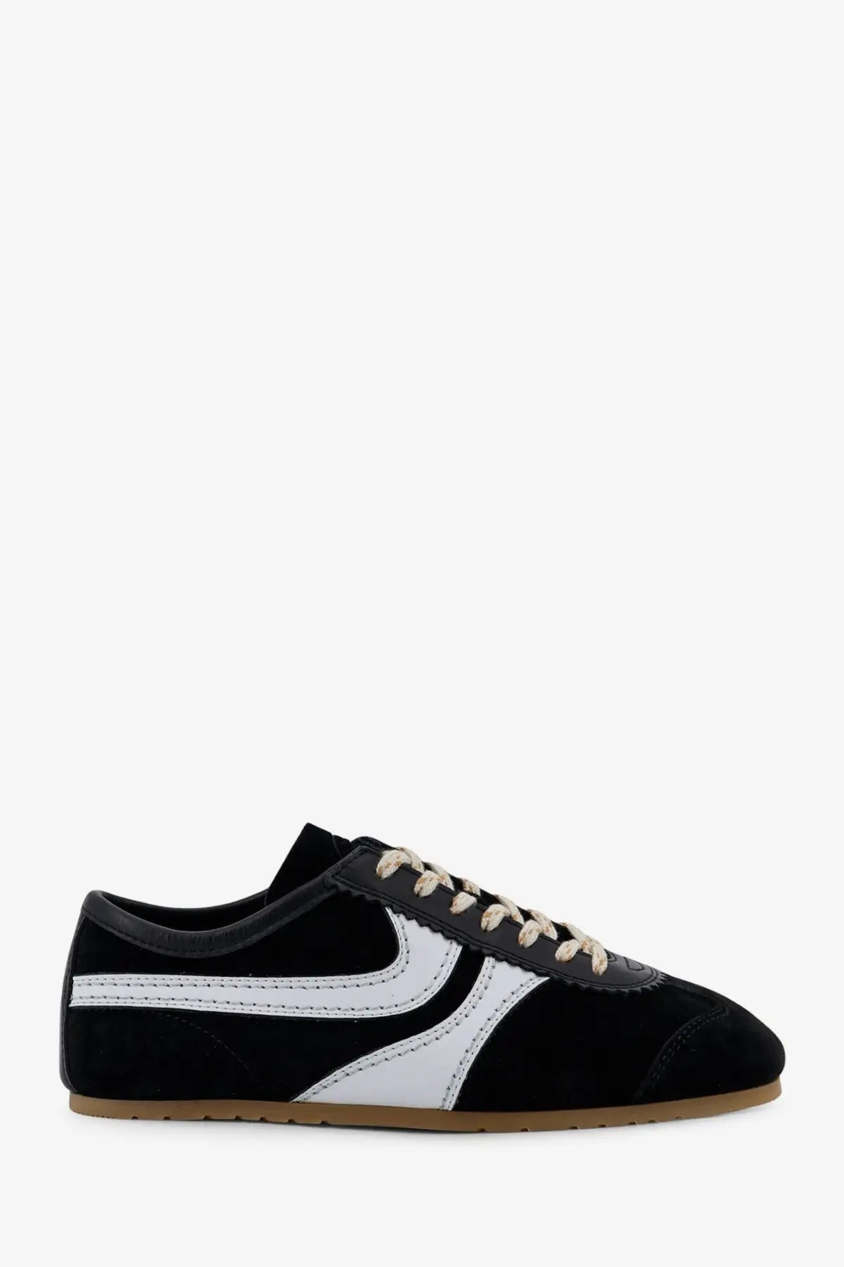 Dries Van Noten women’s suede sneakers in black with white leather accents and classic retro design
