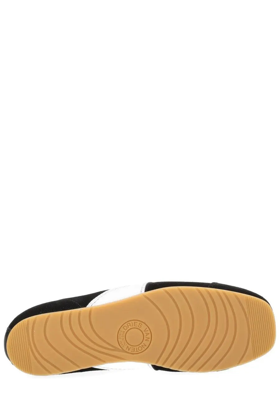 Dries Van Noten women’s black suede slip-on sneakers with tan rubber sole and concentric circular tread patterns