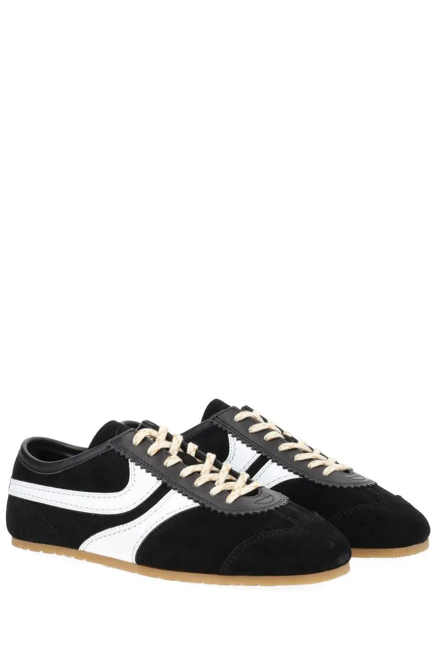 Dries Van Noten women’s black suede sneakers with white stripes and cream laces for stylish casual wear